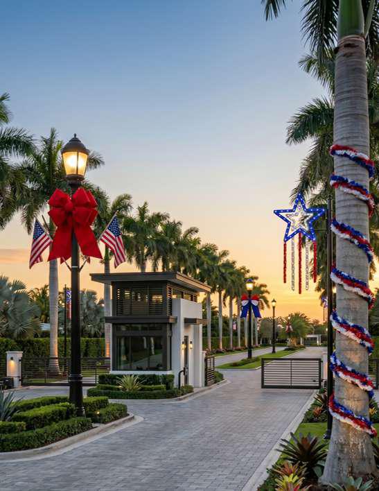 Palm trees wrapped in red, white, and blue lights framing a community entrance at night